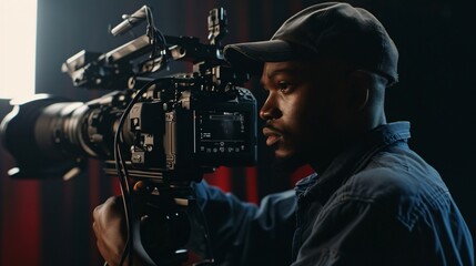 A young black videographer filming with a high-quality camera in dim studio lighting.