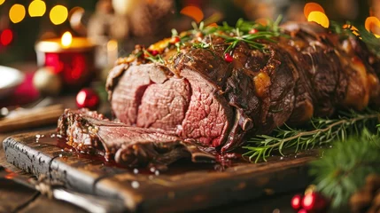 Fotobehang Christmas prime rib beef fillet roasted closeup, Xmas menu on table © Anamul Hasan