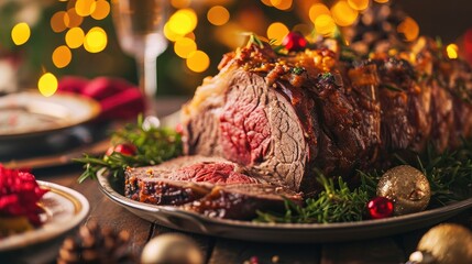 Christmas prime rib beef fillet roasted closeup, Xmas menu on table - obrazy, fototapety, plakaty