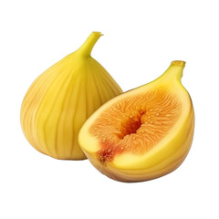 fresh organic yellow fig cut in half sliced with leaves isolated on white background with clipping path