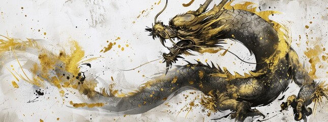 Golden dragon and gold brush strokes for the new year on a white background, in the style of ink wash collages, dark white and light gray,  enchanting watercolors.