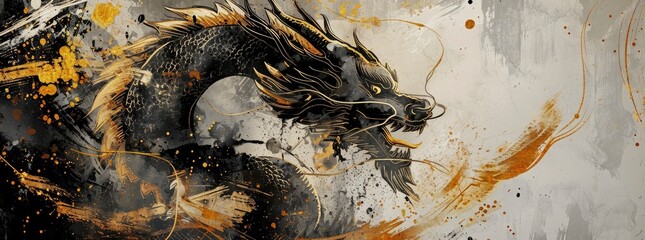 Happy New Year of the Dragon, in the style of ink wash collages, light gray and dark gold, elegant brushstrokes, decorative borders, watercolor.