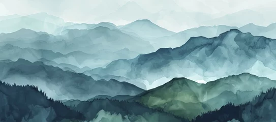 Deurstickers Minimalistic landscape art background with mountains and hills in blue and green colors. Abstract banner in oriental style with watercolor texture for decor, print, wallpaper © Anamul Hasan