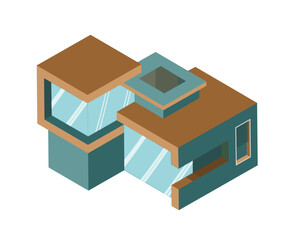 Illustration isométrique d'une maison moderne et contemporaine en perspective avec des couleurs chaleureuses