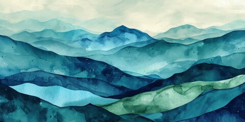Minimalistic landscape art background with mountains and hills in blue and green colors. Abstract banner in oriental style with watercolor texture for decor, print, wallpaper - obrazy, fototapety, plakaty