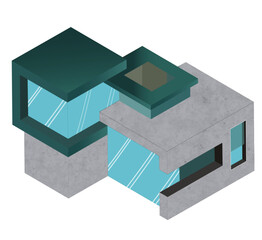 Illustration isométrique d'un bâtiment moderne en perspective avec des couleurs froides