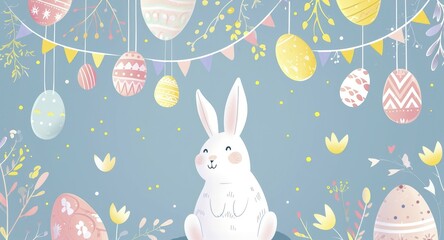 Happy Easter card with easter eggs garland and rabbit. Simple decoration. - obrazy, fototapety, plakaty