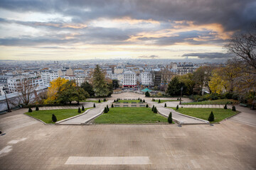 Panoramic view of Paris on the morning sunrise from the Montmartre hill.