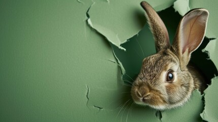 Bunny peeking out of a hole in paper, fluffy eared bunny easter bunny banner, rabbit jump out torn hole. - obrazy, fototapety, plakaty