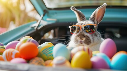 Cute Easter Bunny with sunglasses looking out of a car filed with easter eggs - obrazy, fototapety, plakaty