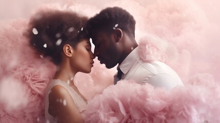  The concept of love and Valentine's Day. Afro-American young man and European girl in a tender embrace, touching their heads. In rapture and a misty pink floral environment.