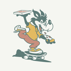 Little wolf mascot riding a skateboard and holding a pizza box  © John