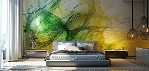 A modern bedroom featuring a 3D intricate wall with a neon abstract galaxy design in bright green and yellow paired with a sleek silver bed