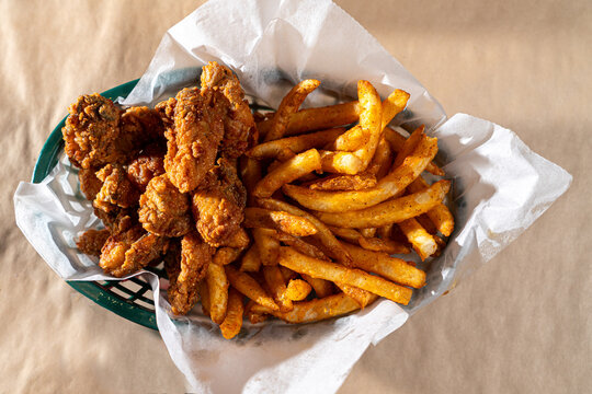 fried oysters and french fries in basket