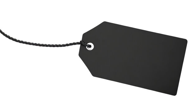 Blank black price tag with string isolated on transparent background.