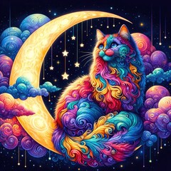 Abstract dreamy colorful cat sitting on the moon 
