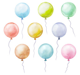 Watercolor illustration set of colorful round balloons on transparent background
