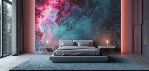A modern bedroom showcasing a 3D intricate wall with a neon abstract galaxy design in pastel pink and aqua paired with a sleek silver bed