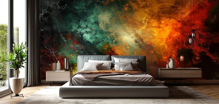 A Modern Bedroom Showcasing A 3D Intricate Wall With A Neon Abstract Galaxy Design In A Captivating Combination Of Orange And Green Complemented By A Sleek Silver Bed