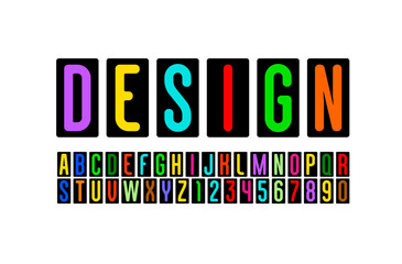 Condensed modern font, rounded narrow alphabet, multi-colored letters and numbers, vector illustration 10EPS