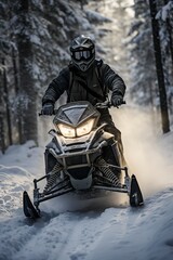 Fototapeta na wymiar well-equipped man with helmet and motorcycle driving in the snow