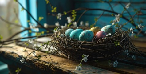 colorful easter eggs in a nest on a wooden table