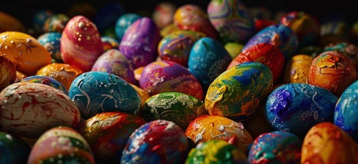 Fototapeta na wymiar colorful painted easter eggs are shown in groupings