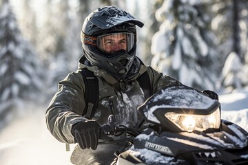 well-equipped man with helmet and motorcycle driving in the snow