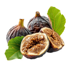 Sweet dried figs and green leaves isolated on white background.