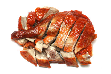 close up and top view of roast duck isolate white background, Chinese culture food