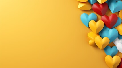 Colorful paper hearts on a yellow background - obrazy, fototapety, plakaty