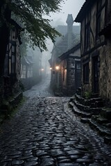 narrow cobblestone street in a scary town