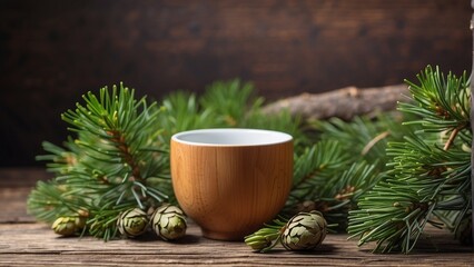 Obraz na płótnie Canvas Pine buds herbal vitamin with cup with needles and buds nearby on rustic wood, closeup, copy space, herbal vitamin and naturopathy