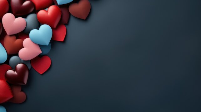 Valentine's day background with red and blue hearts on dark blue background