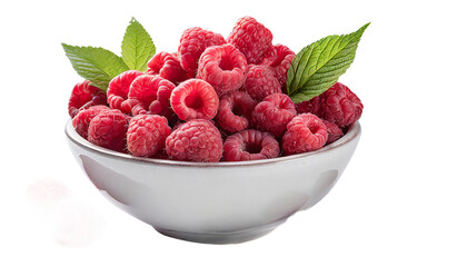 Raspberry on white bowl isolated on transparent background.