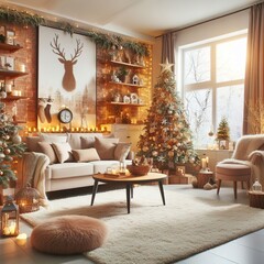 Fototapeta na wymiar Living room with christmas tree house decorations