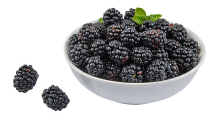 Blackberries in a bowl isolated on transparent background. Top view.