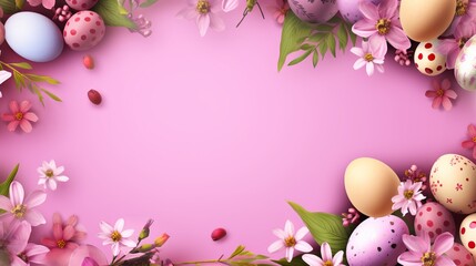 Fototapeta na wymiar Decorated Easter Eggs and Leaves on Pink Background, Flat Lay. Spring Holiday Concept