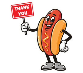 Hot dog with thank you sign board cartoon mascot illustration character vector clip art