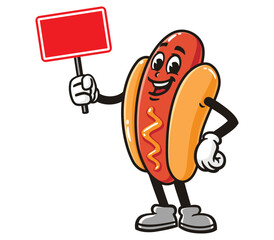 Hot dog with blank sign board cartoon mascot illustration character vector clip art