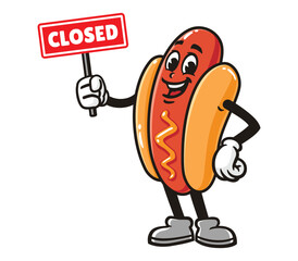 Hot dog with closed sign board cartoon mascot illustration character vector clip art