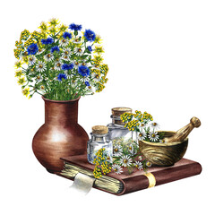 Medicinal herbs, chamomile, cornflowers and tansy. Medicinal plants. A wooden mortar and glass vials on an old recipe book. Hand-drawn watercolor illustration. Isolated. For banner, flyer. - obrazy, fototapety, plakaty