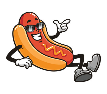 Hot dog lying down relaxed and wearing sunglasses cartoon mascot illustration character vector clip art