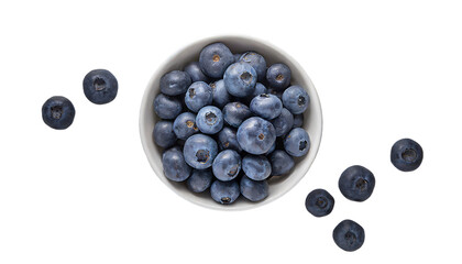 Blueberries in a bowl isolated on transparent background.