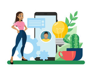 A young girl is presenting a new business project using an application on her smartphone. New technologies. Flat vector illustration in cartoon style