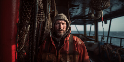 portrait of a Crab fisher on a fisher boat with raincoat 