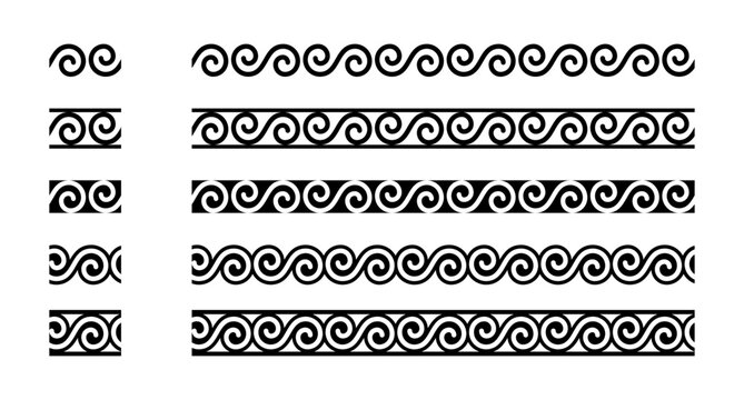 Floral Waves Ornament Seamless Pattern Decorative Frame Border Vector Illustration Set