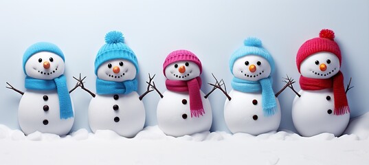3D cartoon illustration, winter snowmen lined up each on a white wall