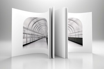 Three-fold, six-page brochure with an open gate fold. Features blank white 3D render illustration. Generative AI