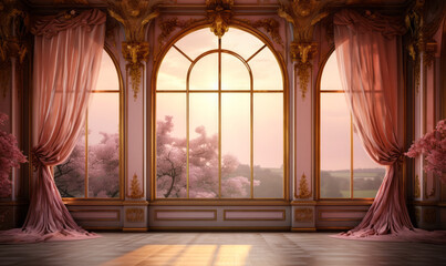 Elegant Vintage Ballroom Interior with Ornate Golden Trim and Flowing Pink Curtains at Sunset - obrazy, fototapety, plakaty